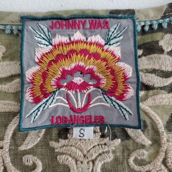 JOHNNY WAS Womens 100% Linen Adeline Dress Size S Side Button Camo Embroidered - Picture 4 of 9
